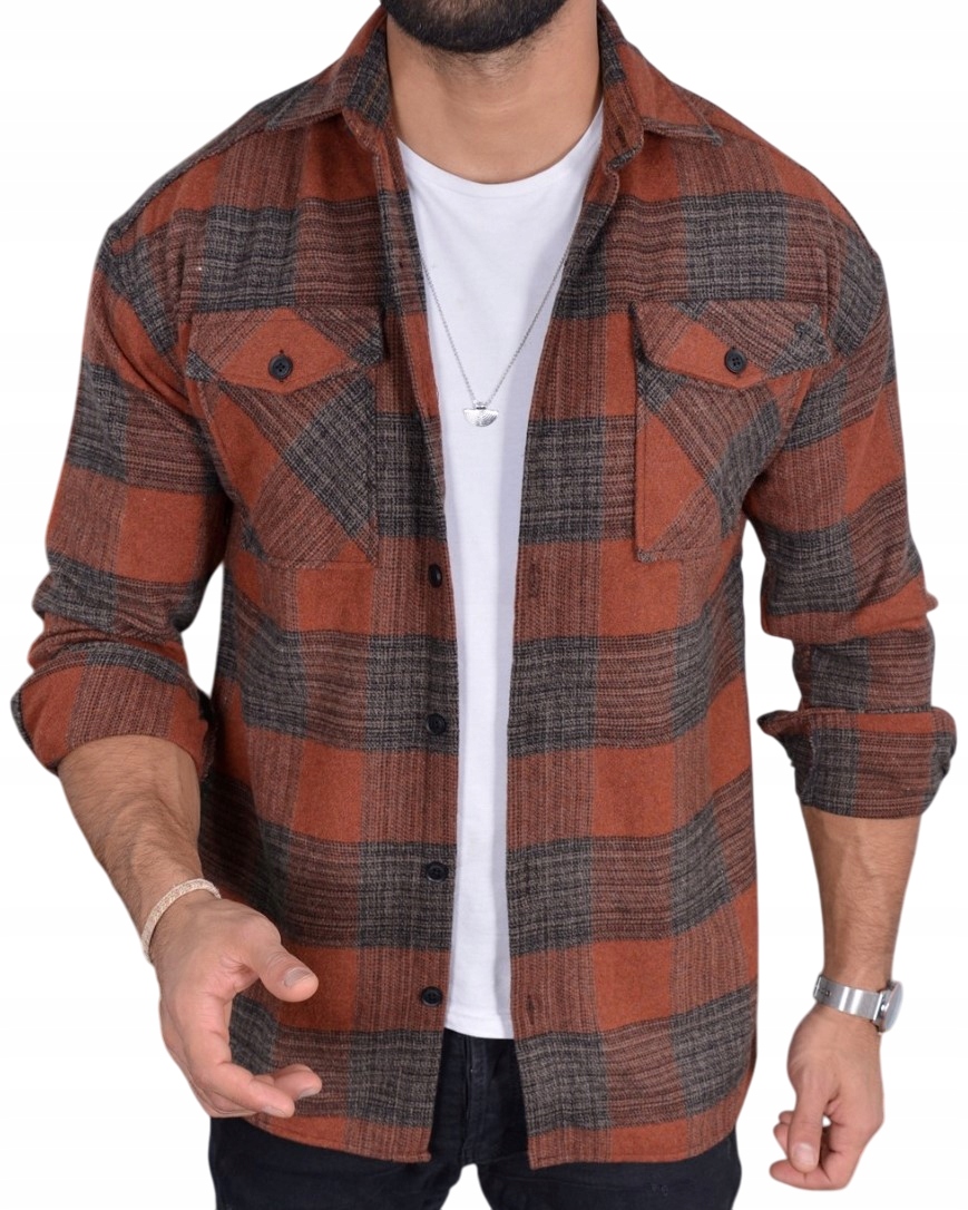 Flanelowa Koszula Męska W Kratę Kieszonki Casual XXL