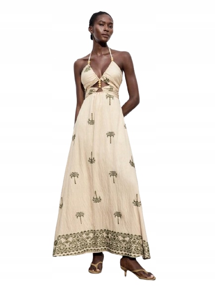 Béžové maxi šaty s vysokým Šaty S Potiskem Shein , velikost 34 1HA