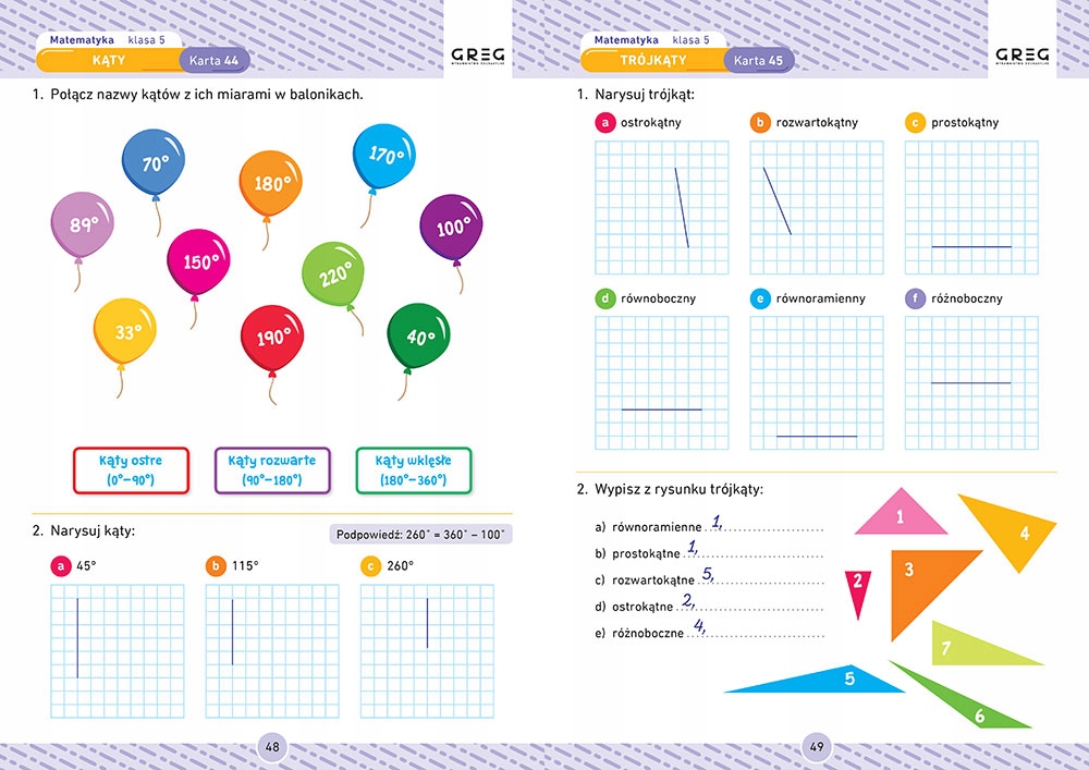 KLASA 5 POLSKI + MATEMATYKA + ANGIELSKI KARTY PRACY W SZKOLE I DOMU GREG Rok wydania 2023