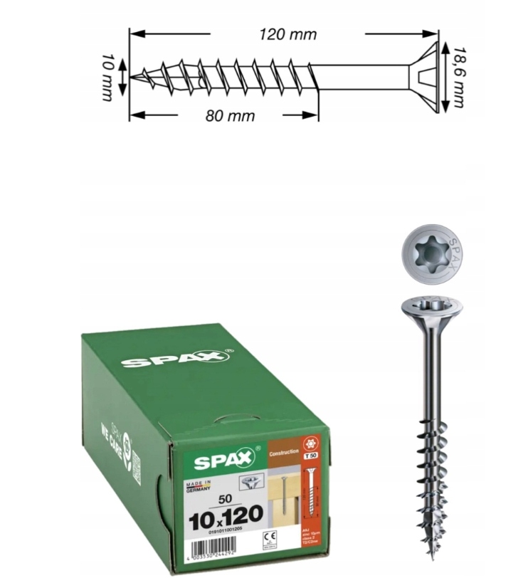 Univerzální vruty Wirox do dřeva, konstrukce Spax 10 x 120 mm 50 ks