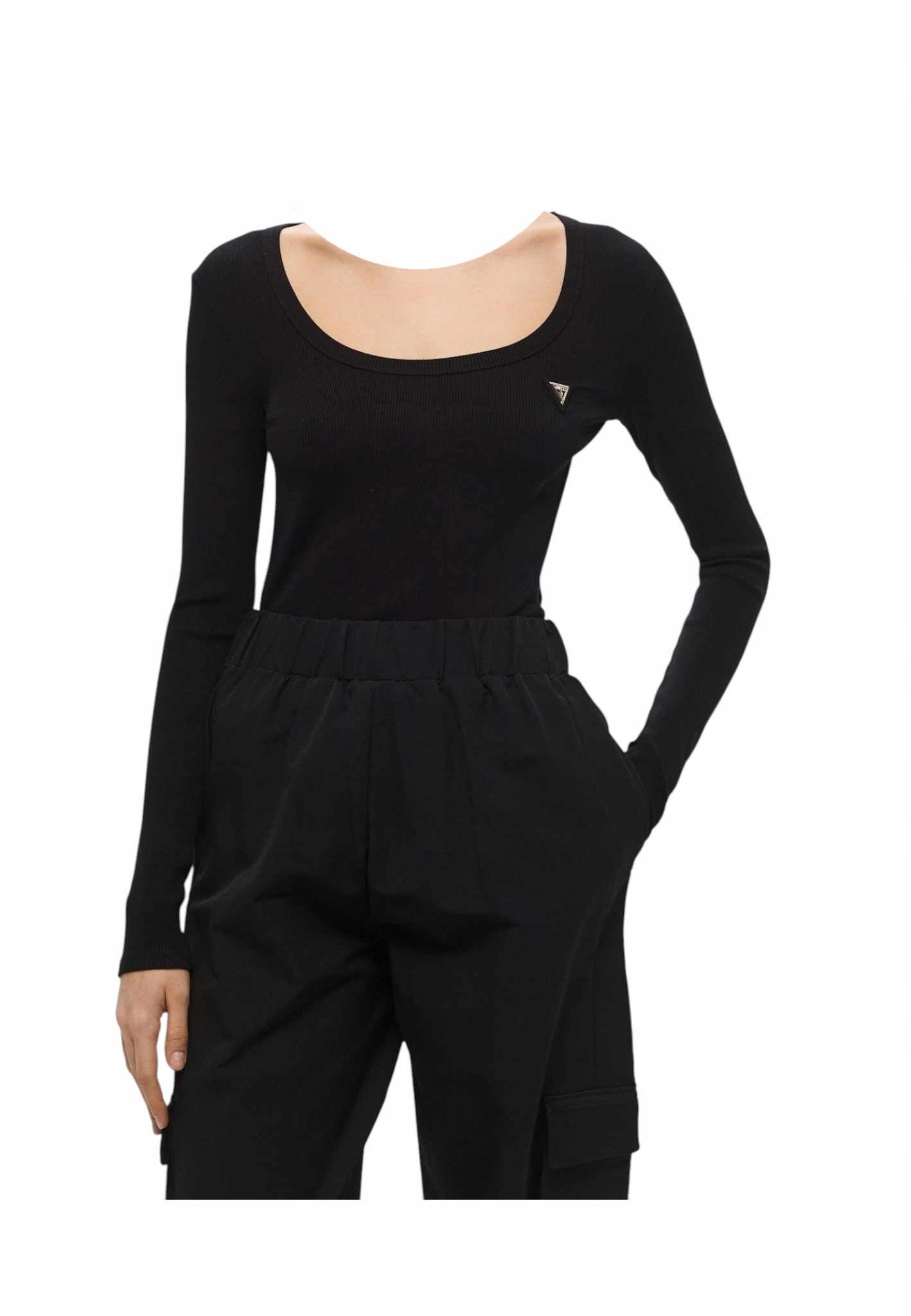 Tričko top s dlouhým rukávem Guess Colette, žebrovaný top, černé rL
