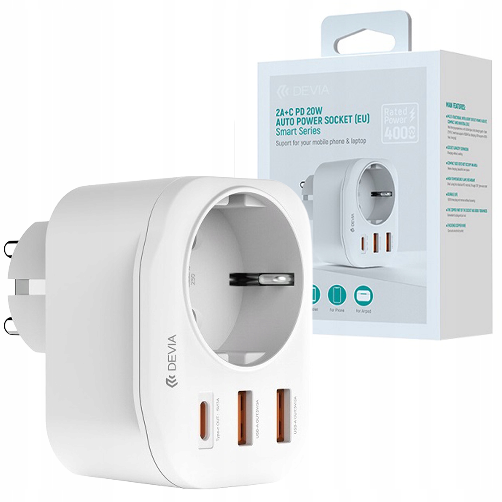 Gniazdo Sieciowe Rozdzielacz Ładowarka Złodziejka Usb C Gniazdo 4w1 Białe