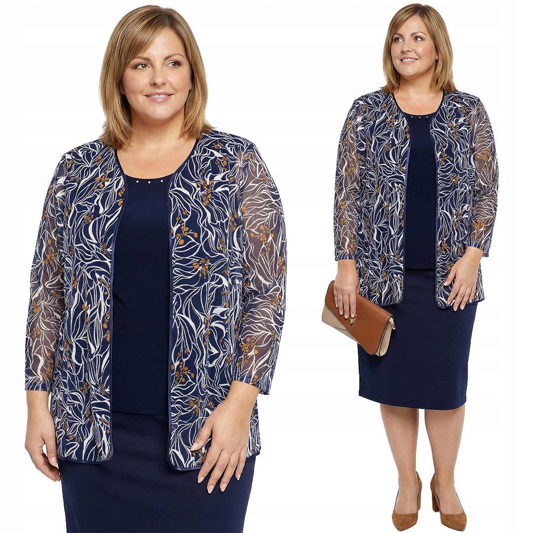 Tmavě modrá halenka a kardigan s karamelově bílými vzory plus size velikost 60/62