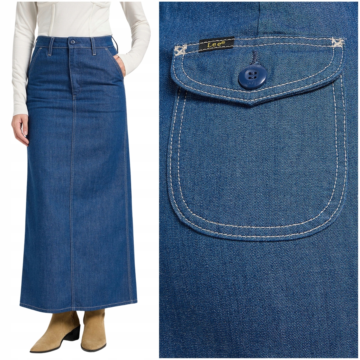 Lee Flap Pocket Maxi Sukně dlouhá džínová sukně s rozparkem vzadu W31