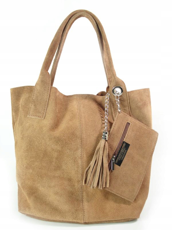 Objemná taška přes rameno Shopper Bag semiš Italská kůže Vera Pelle Camel