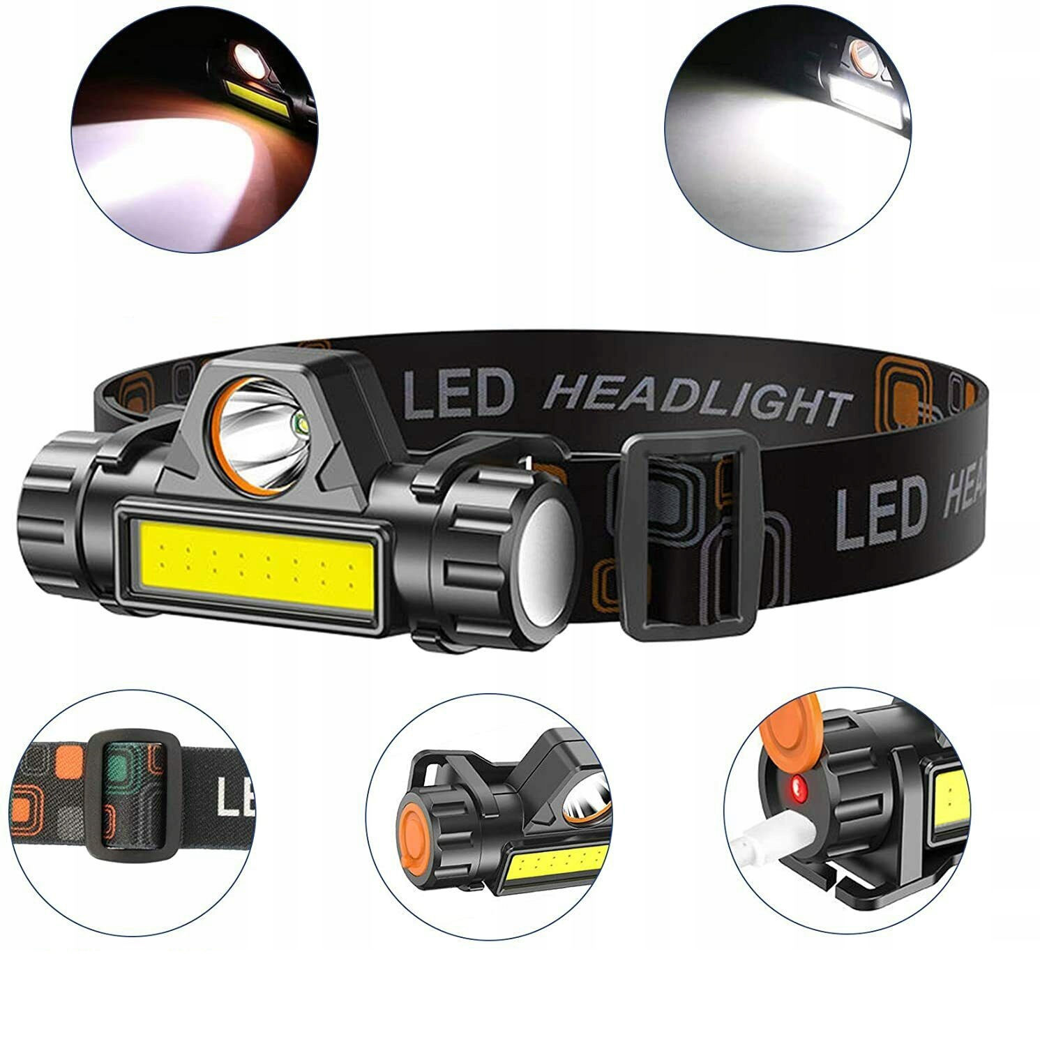 LATARKA CZOŁOWA LAMPKA CZOŁÓWKA COB LED ŁADOWANA Z USB 3 w 1 UCHYT MAGNES Zasilanie akumulatorowe