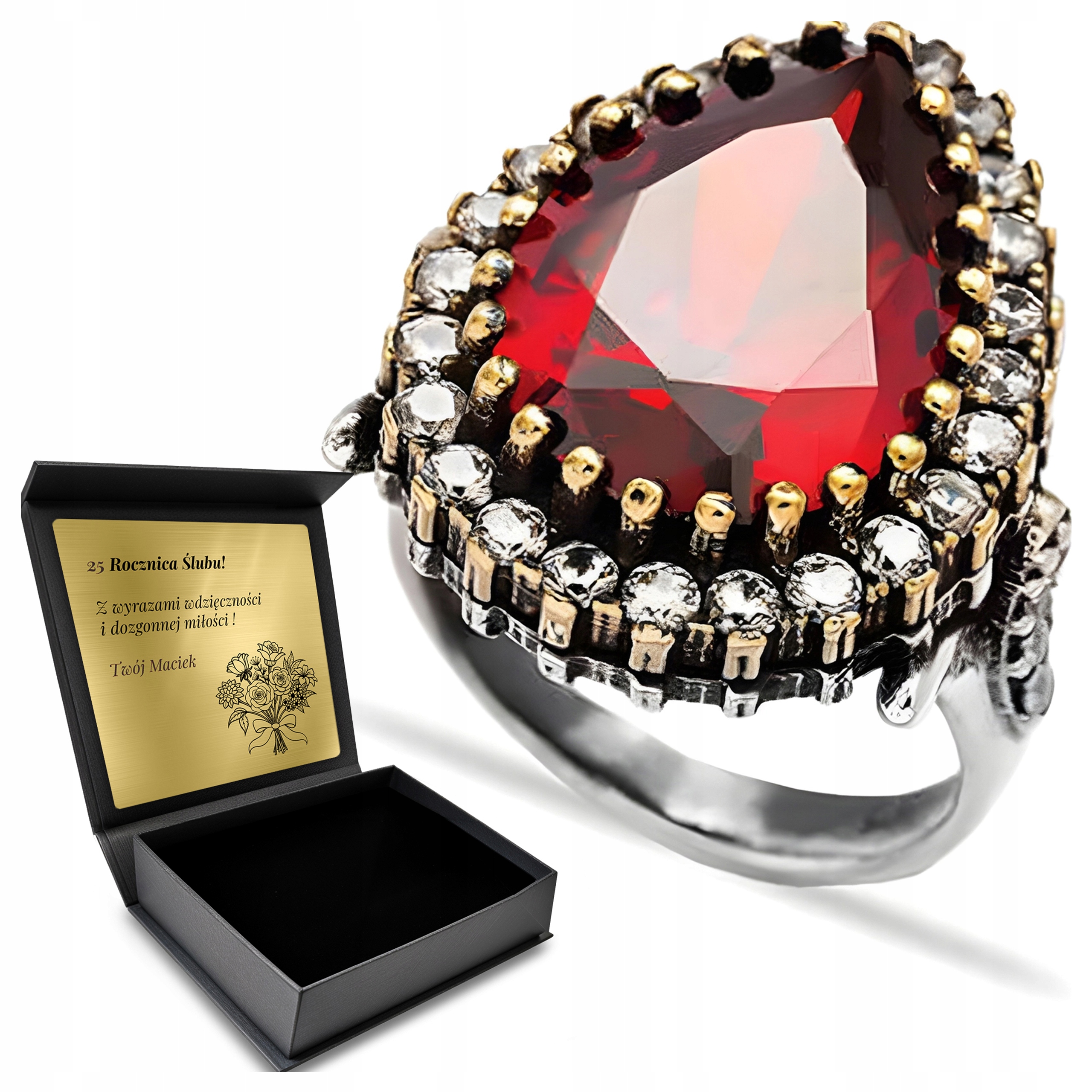 Prstýnek 925 S Zirkony A Granátem Pro Ženu Gravírování Bonus