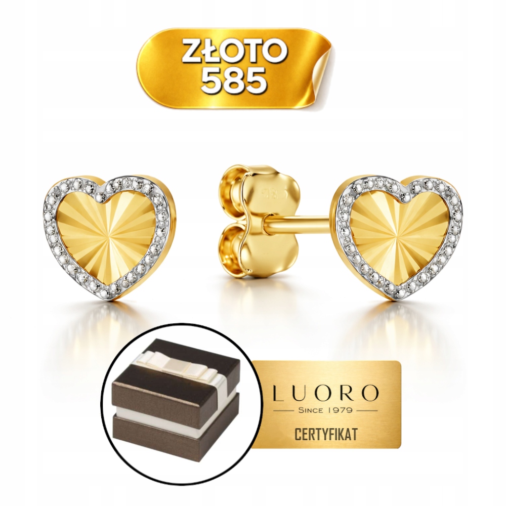 Zlaté Náušnice 585 14K Diamantové Srdce Dvě Barvy Zlatá Krabička Dárek