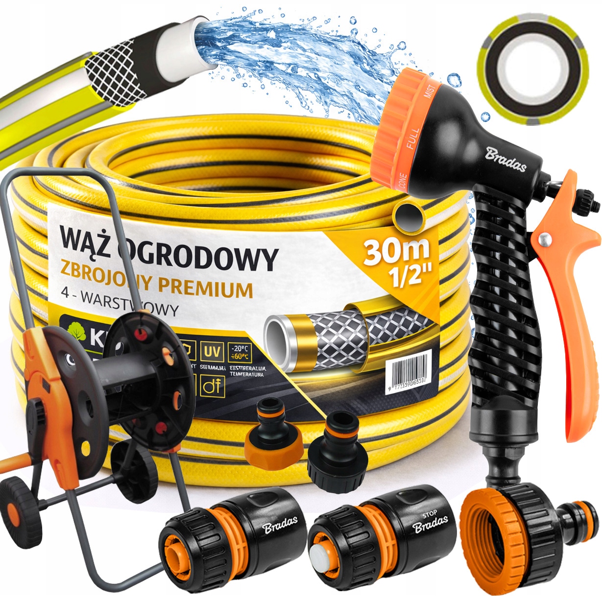 Hadice 1/2" 30 m 4 Vrstvy Premium Pistole Vozík Sada Bradas