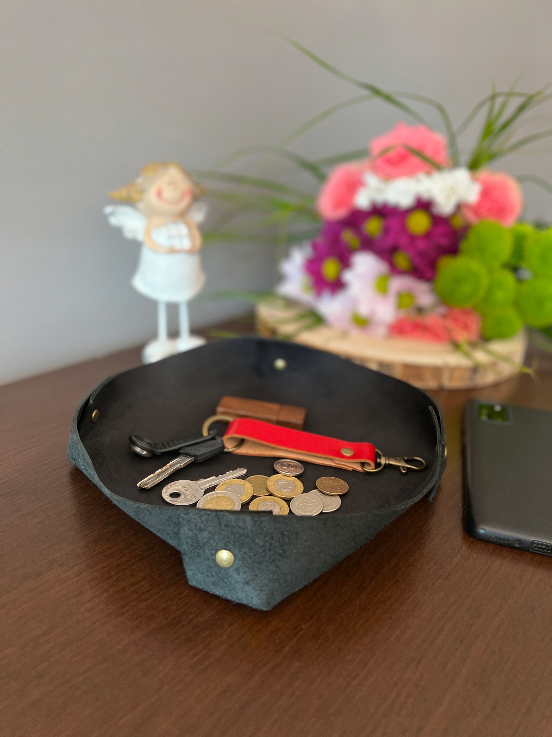 Kožený podnos na klíče drobnosti černý Handmade