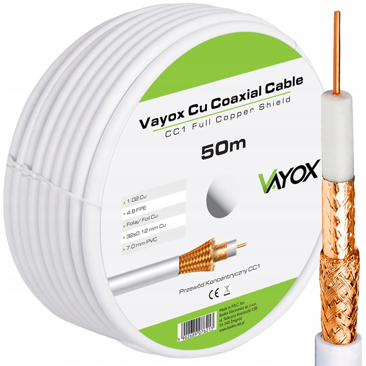 Kabel Antenowy Koncentryczny Przewód Do Tv DVB-T2 Sat Miedź Cu 4K 50m Vayox