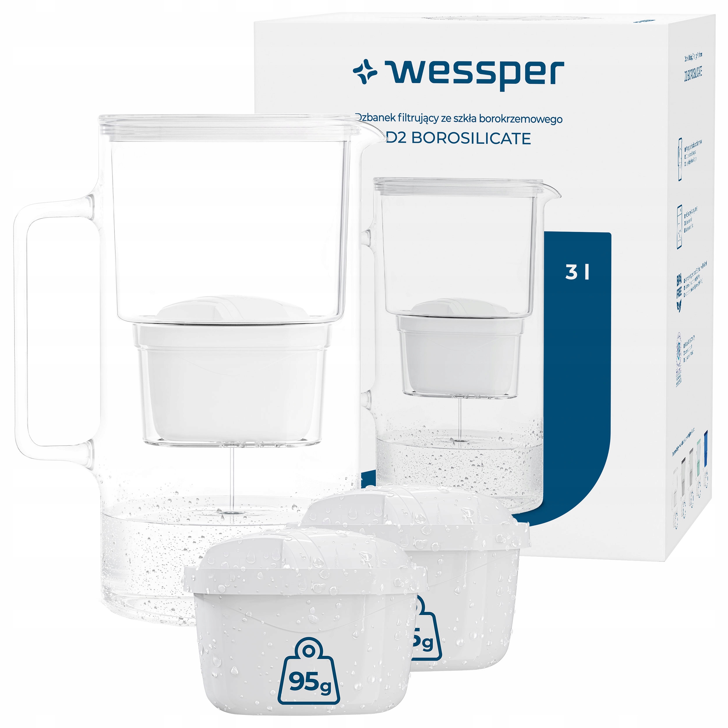 Szklany dzbanek filtrujący Wessper D2 Borosilicate 3l biały 3x filtr