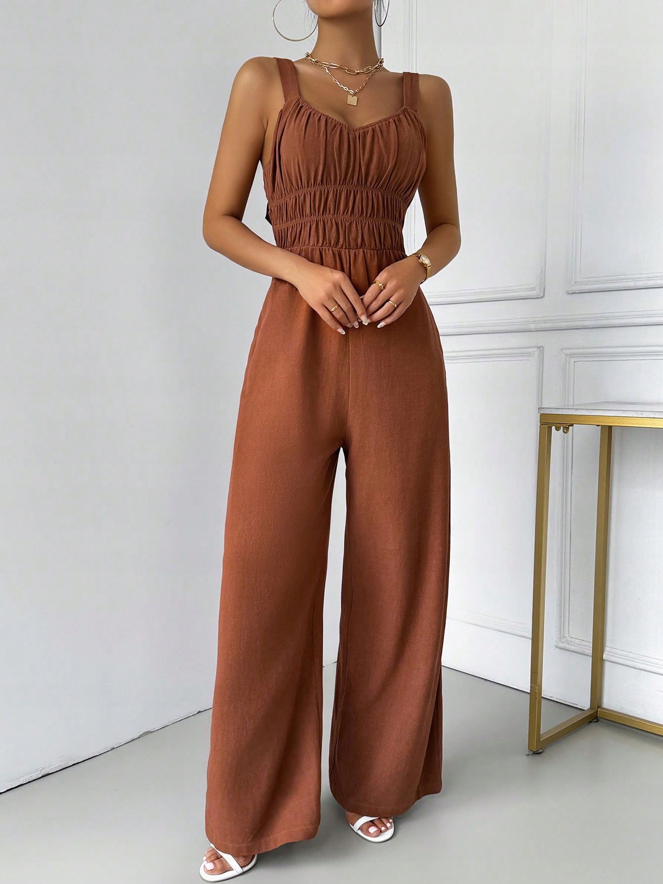 Lněná Kombinéza Hnědá S Širokými Nohavicemi Casual Uue L 40