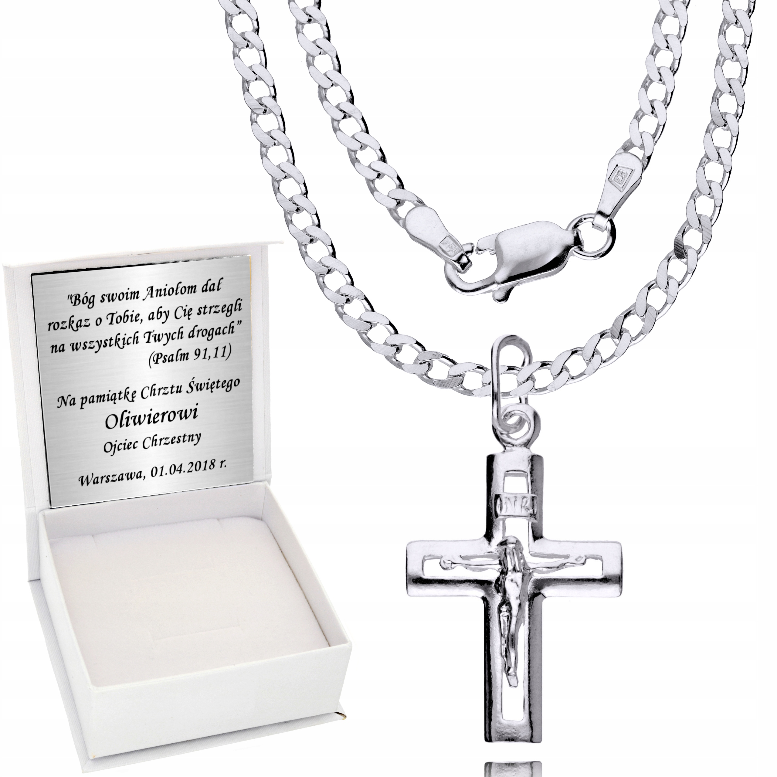 Srebrny Łańcuszek 925 Krzyż Komunia Chrzest Grawer