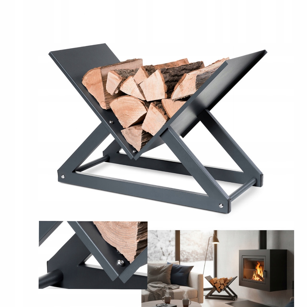 Stojak na drewno do kominka metalowy 60x30x42 cm w stylu Loft antracytowy