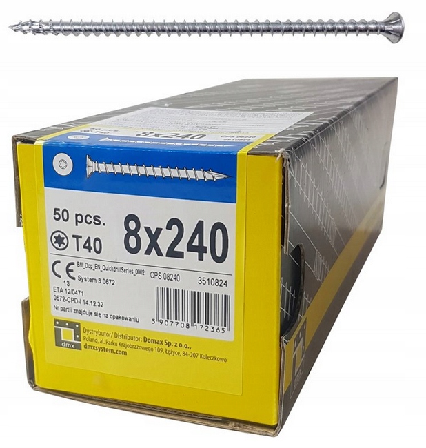 Tesařský Vrut Cps 8x240 Plný Závit Hlava Kužel