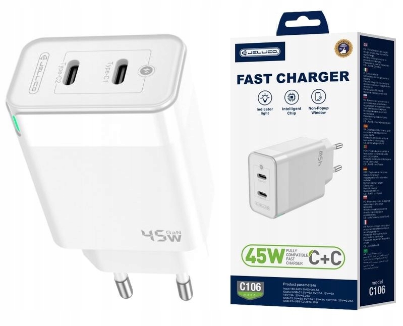 Zasilacz Szybka 45W Ładowarka 2 x USB - C QC Fast Charger do Telefonu Smart