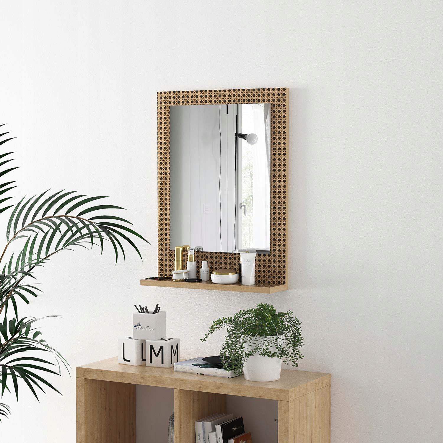 Dekoracyjne lustro ścienne beżowe z nadrukiem z półką 45x60 Kształt prostokąt