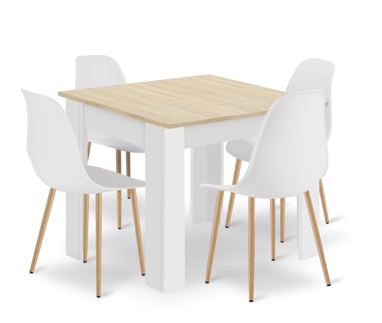 Sada Stůl Np 80x80 Dub Sonoma Bílá 4 židle Wat bílé nohy příroda