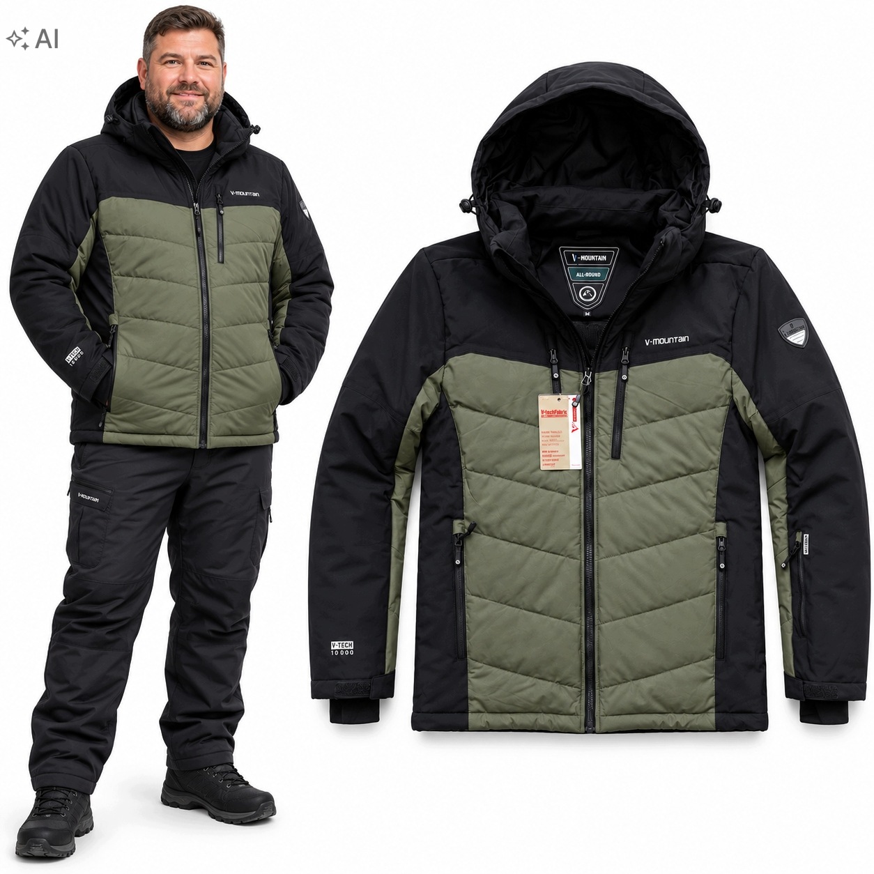 Pánská lyžařská bunda Velké velikosti Zimní zateplená Kapuce Khaki 4XL