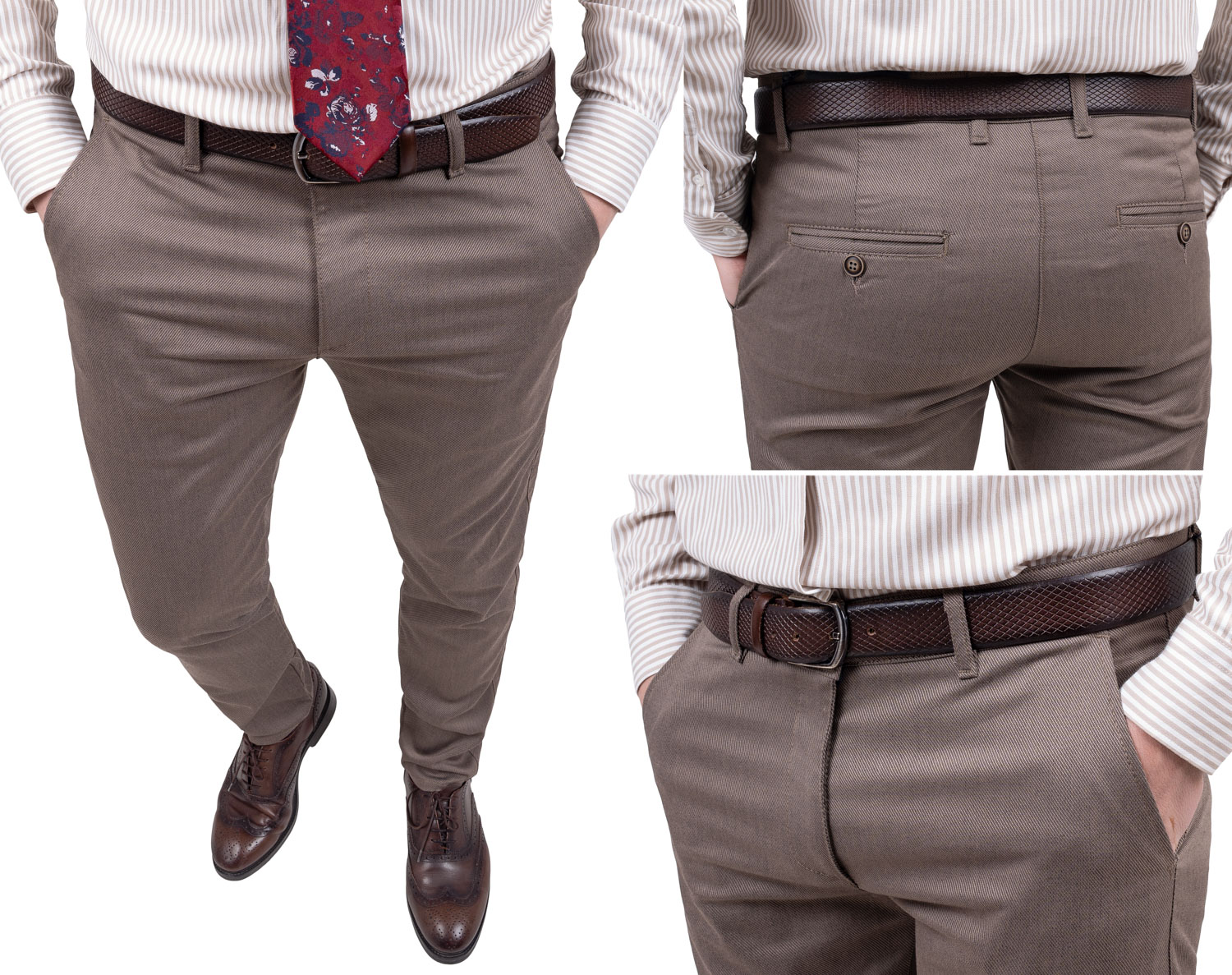 Spodnie Męskie Beżowe Gładkie Slim Fit Dopasowane Wizytowe 34
