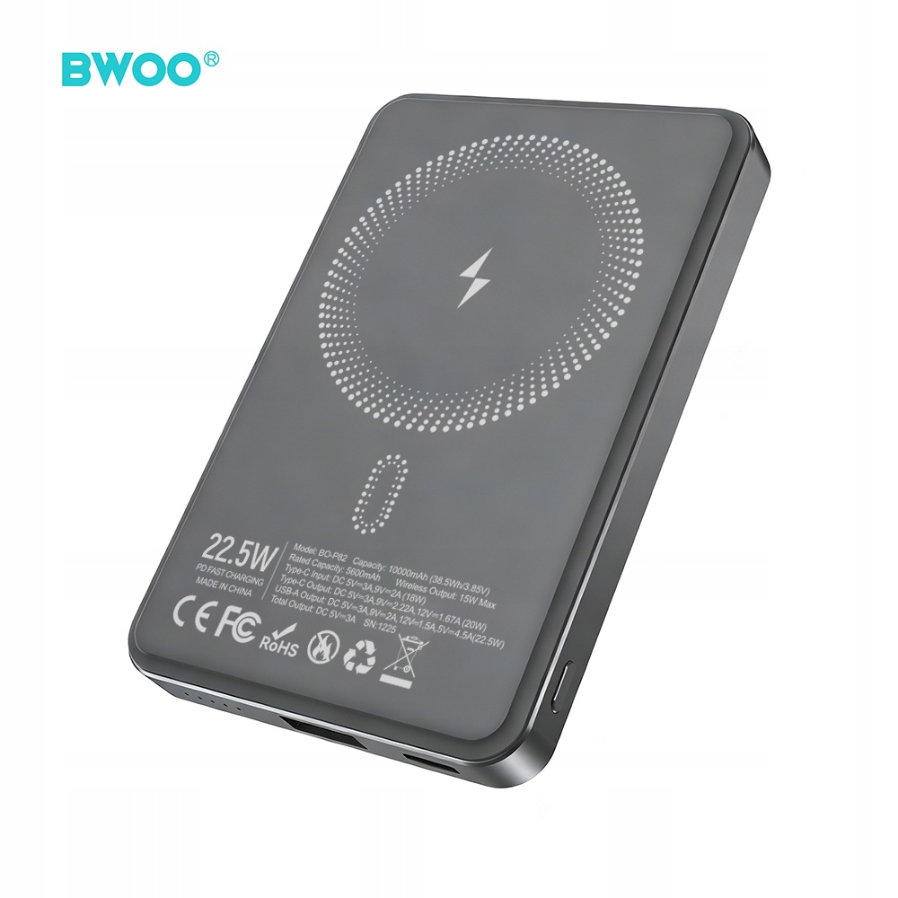 Bwoo P82 Bo power bank 10000mah 15W bezdrátové nabíjení tmavě šedá
