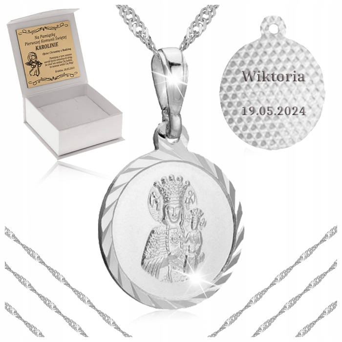Stříbrný Řetízek Medailon Matka Boží 925 Svaté Přijímání Křest Gravírování Komplet