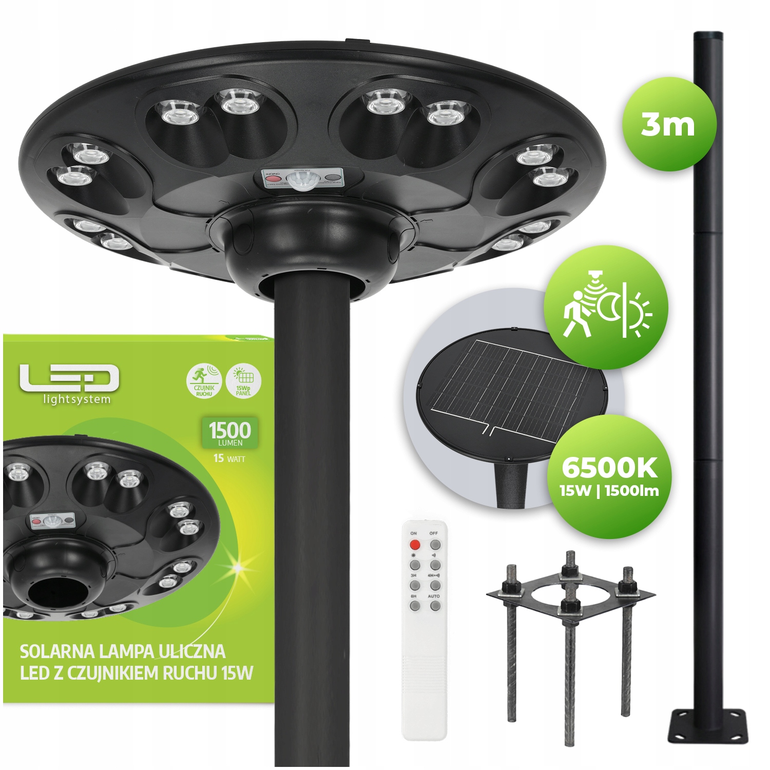 Solární pouliční lampa Parkovací svítidlo 15W Snímač pohybu sloupek 3 m