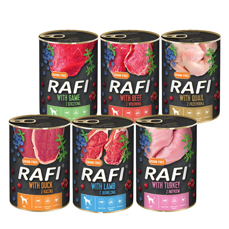 Mokra karma Puszka dla psa Rafi mix smaków 24 x 400g. 6 smaków