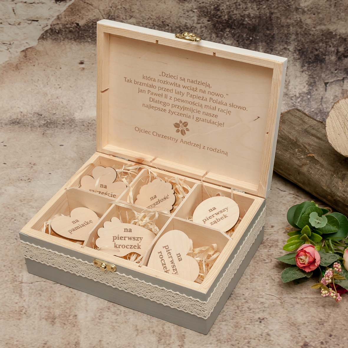 pudełko na pieniądze + 6 deseczek METRYCZKA grawer imię PREZENT CHRZEST Marka inna marka