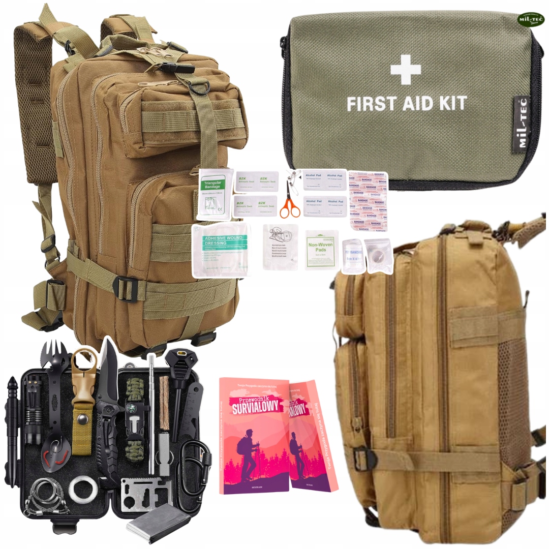 Brązowy Plecak Militarny Survivalowy Zestaw 32w1 Apteczka Podręczna