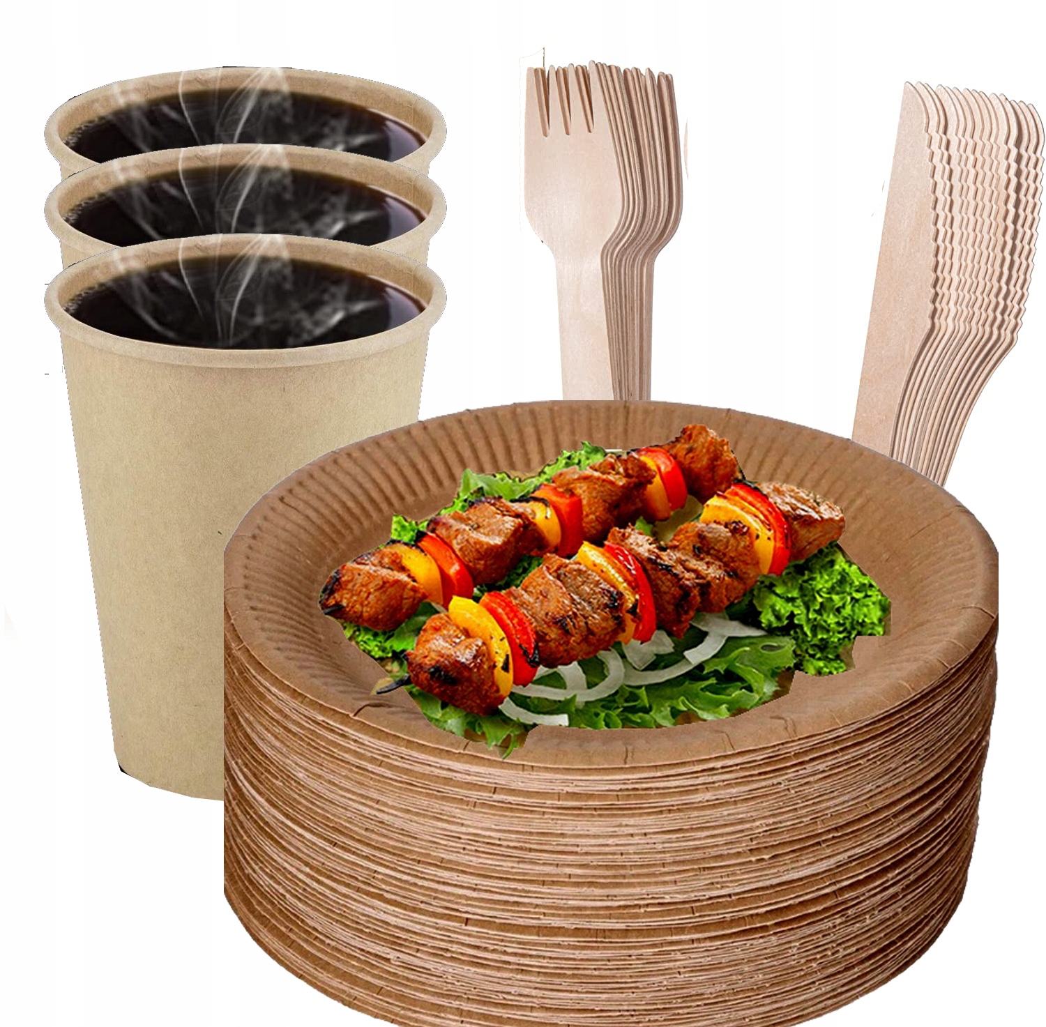 Zestaw 100 sztuk na grilla piknik EKOLOGICZNE kubki sztućce talerze 25 osób