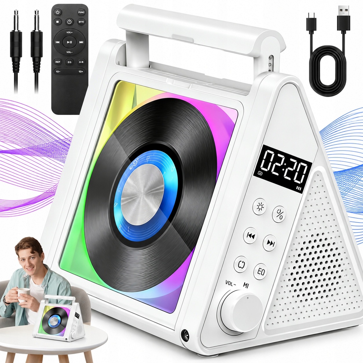 Bluetooth 5.3 Přehrávač CD, Přenosné Fm Rádio, Reproduktory 2X10W MP3 4000MAH