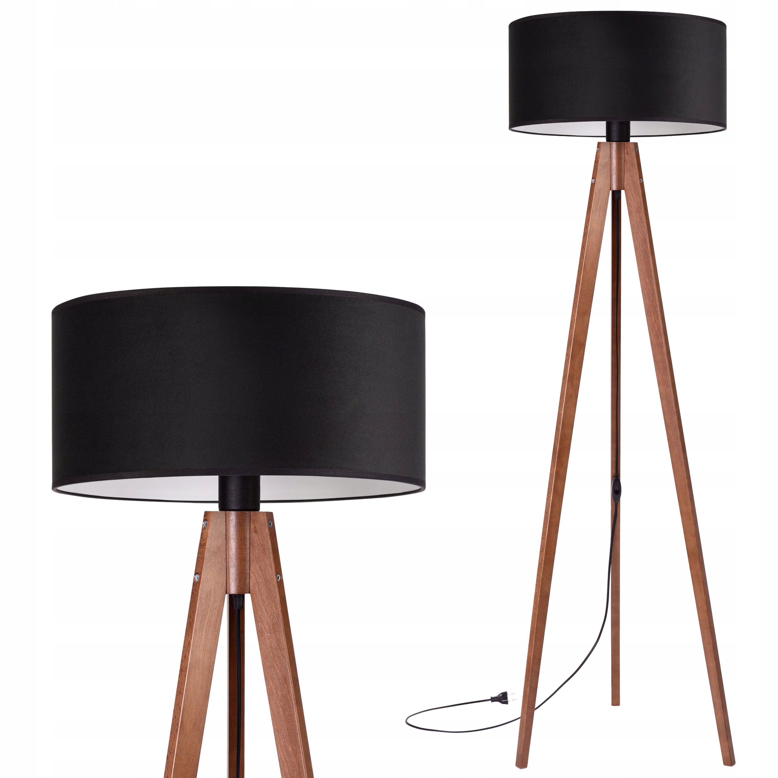 Lampa stojąca podłogowa Trójnóg Drewniany orzech Abażur Welur czarny