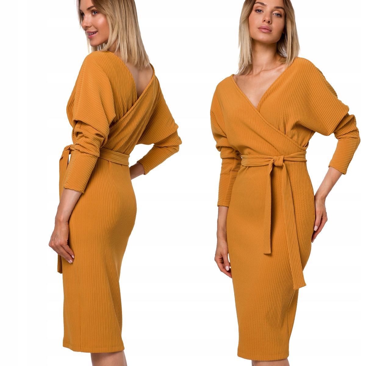 Šaty Elegantní midi šaty s kravatou a opaskem, velikost XL 42