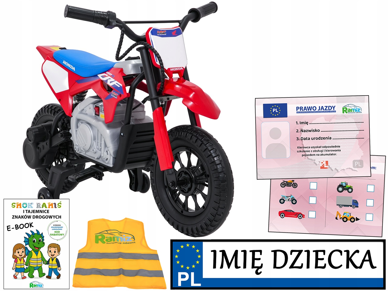 stabilny motorek elektryczny Honda CFR450R motor z miękkimi kołami Prawko