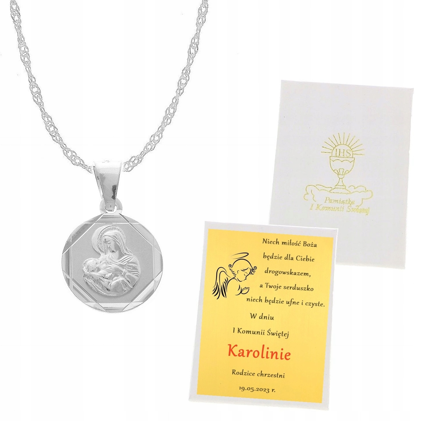 SREBRNY NASZYJNIK Z MEDALIKIEM I KOMUNIA ŚW GRAWER