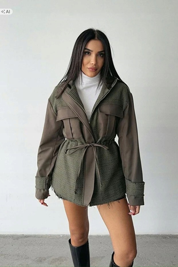 Dámská Bunda S Oversize Páskem V Olivové Barvě, Velikost 5IA