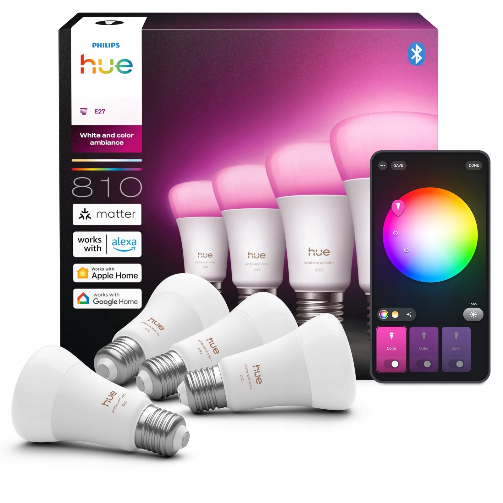 4x Led žárovka E27 6W 810lm Rgb Smart Bílá a Barevná Ambiance Philips Hue
