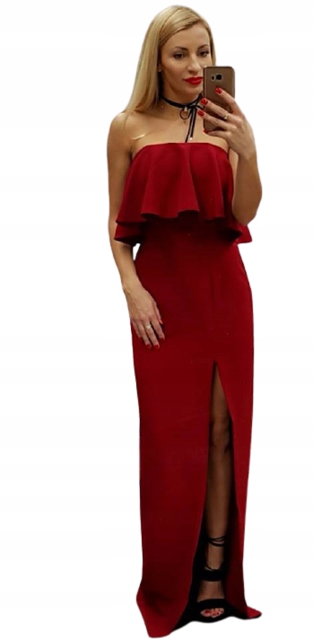 Bordó Dlouhá Šaty S Volánkem A Rozparkem L