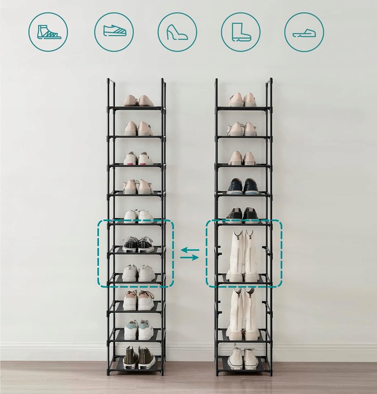 MODUŁOWY METALOWY REGULOWANY STOJAK NA BUTY SONGMICS 10-PÓŁKOWY 173cm Wysokość mebla 173 cm