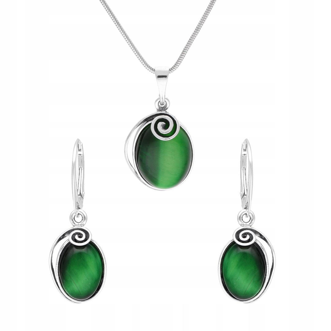 Oválný komplet se spirálou a kočičím okem stříbro