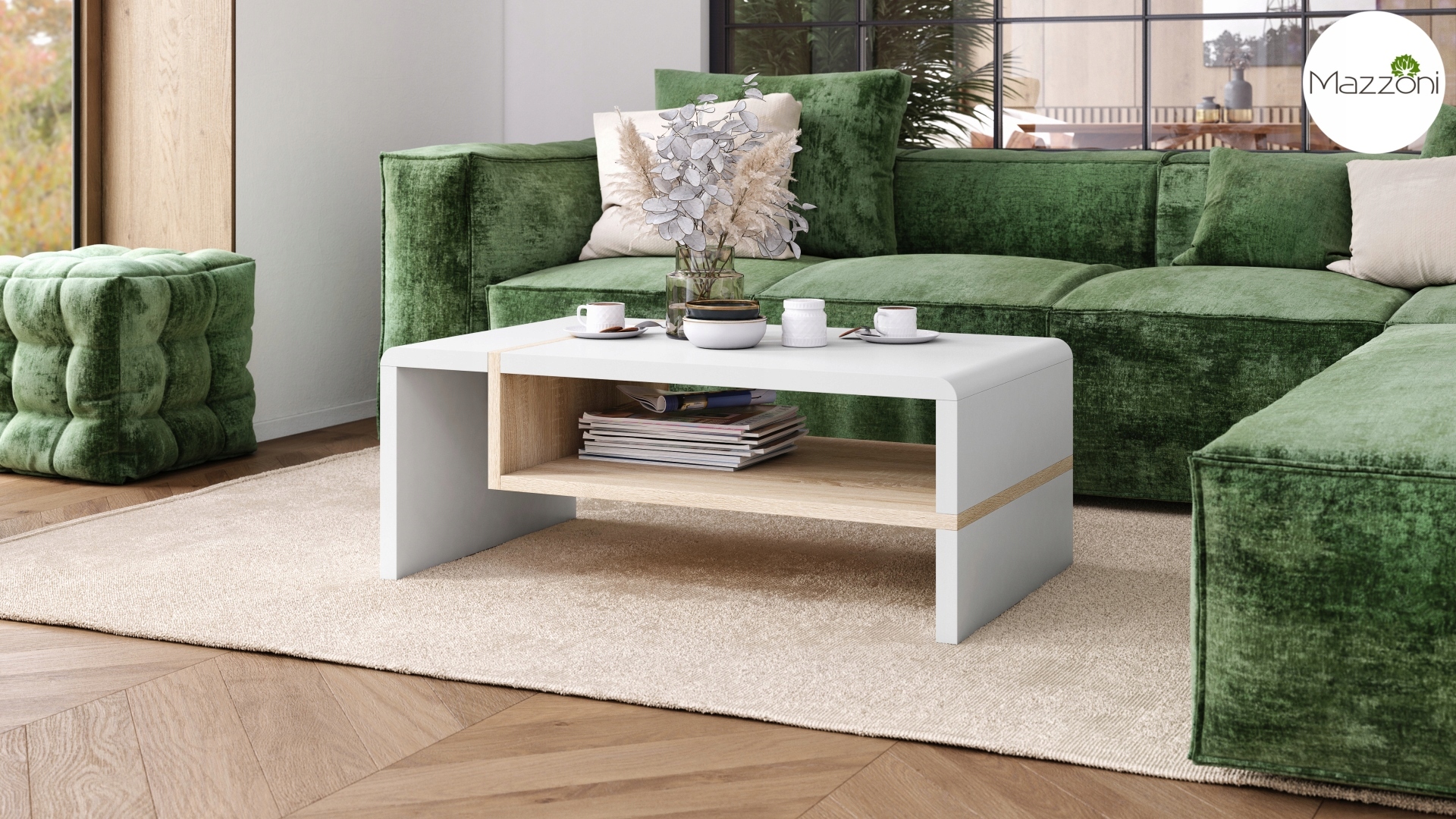 FOLK Biały/Dąb Sonoma NOWOCZESNA ŁAWA STOLIK PÓŁKA Stan opakowania oryginalne