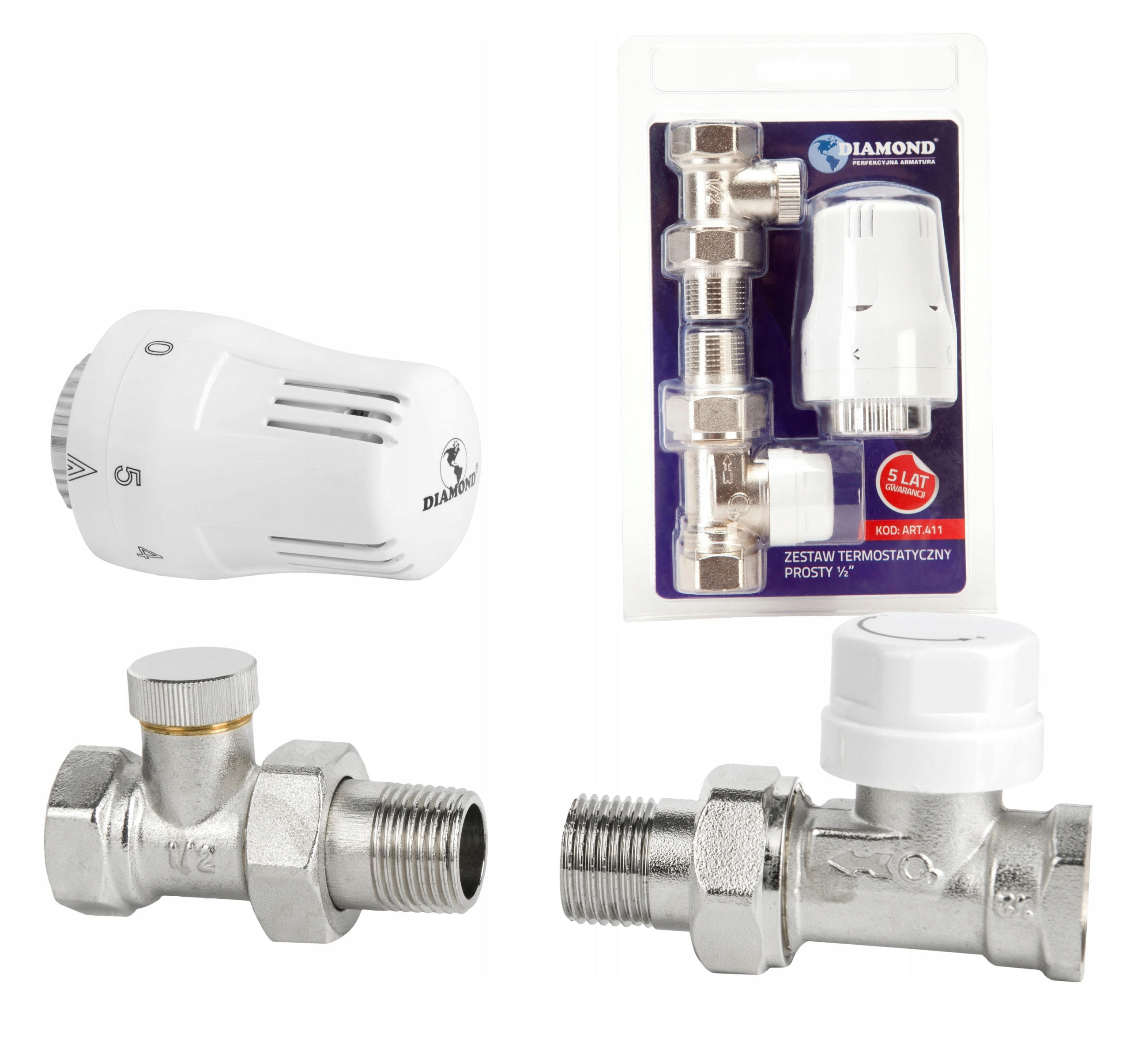 ZESTAW TERMOSTATYCZNY PROSTY ZAWÓR ZASILAJĄCY POWROTNY GŁOWICA DO GRZEJNIKA