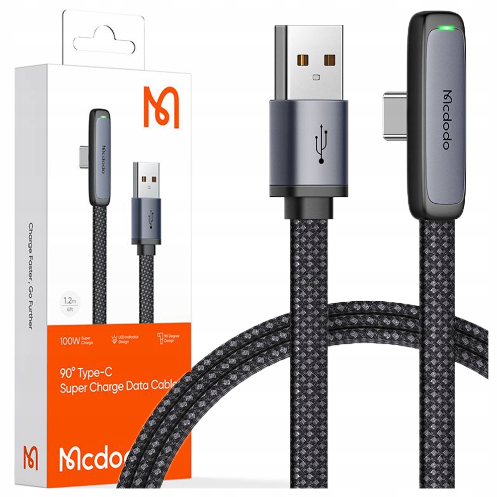 Mcdodo Kabel Usb-c Kątowy 100W 6A Szybkie Ładowanie 2m Czarny