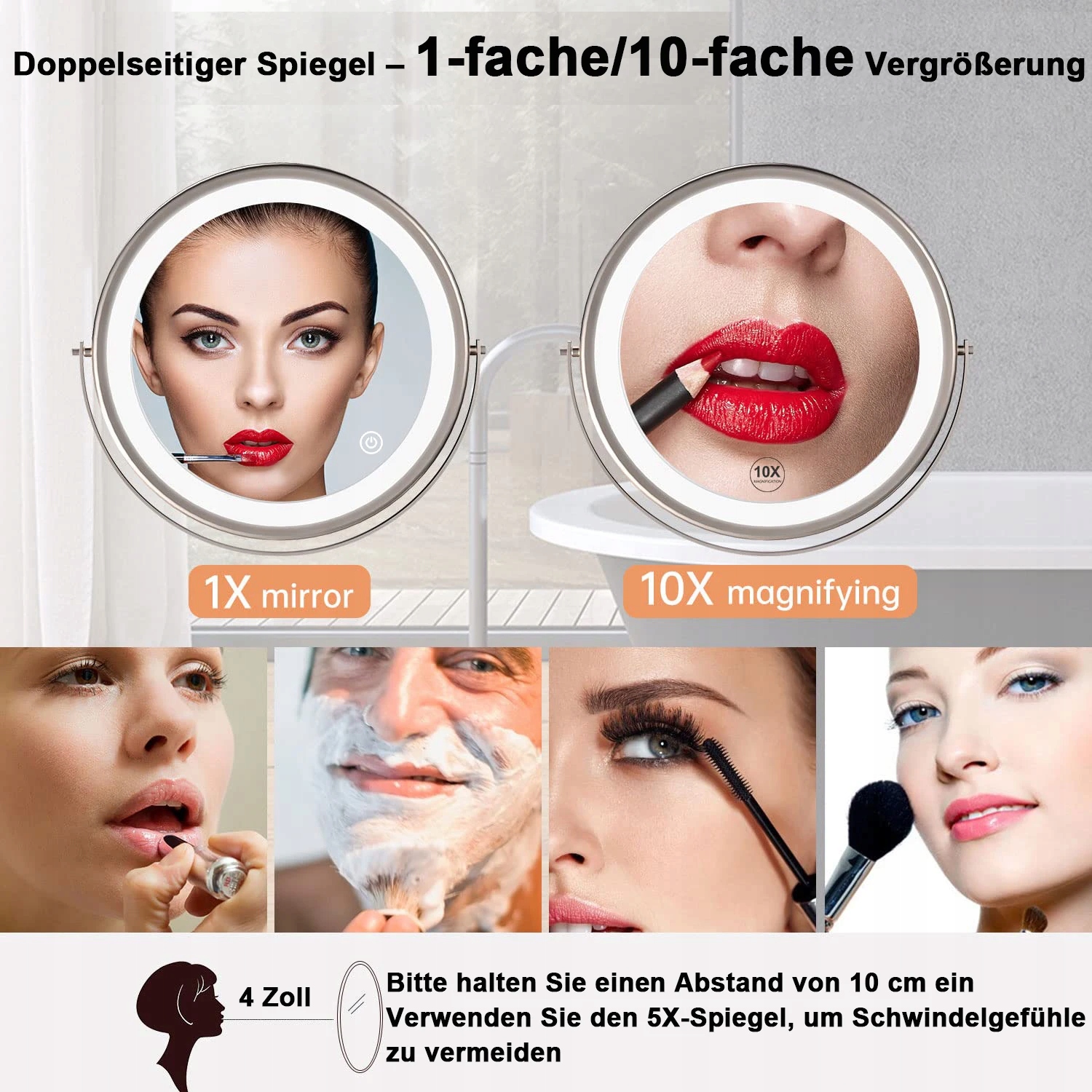 LUSTERKO DO MAKIJAŻU GOLENIA PODŚWIETLANE 10X POWIĘKSZAJĄCE Wysokość 200 mm