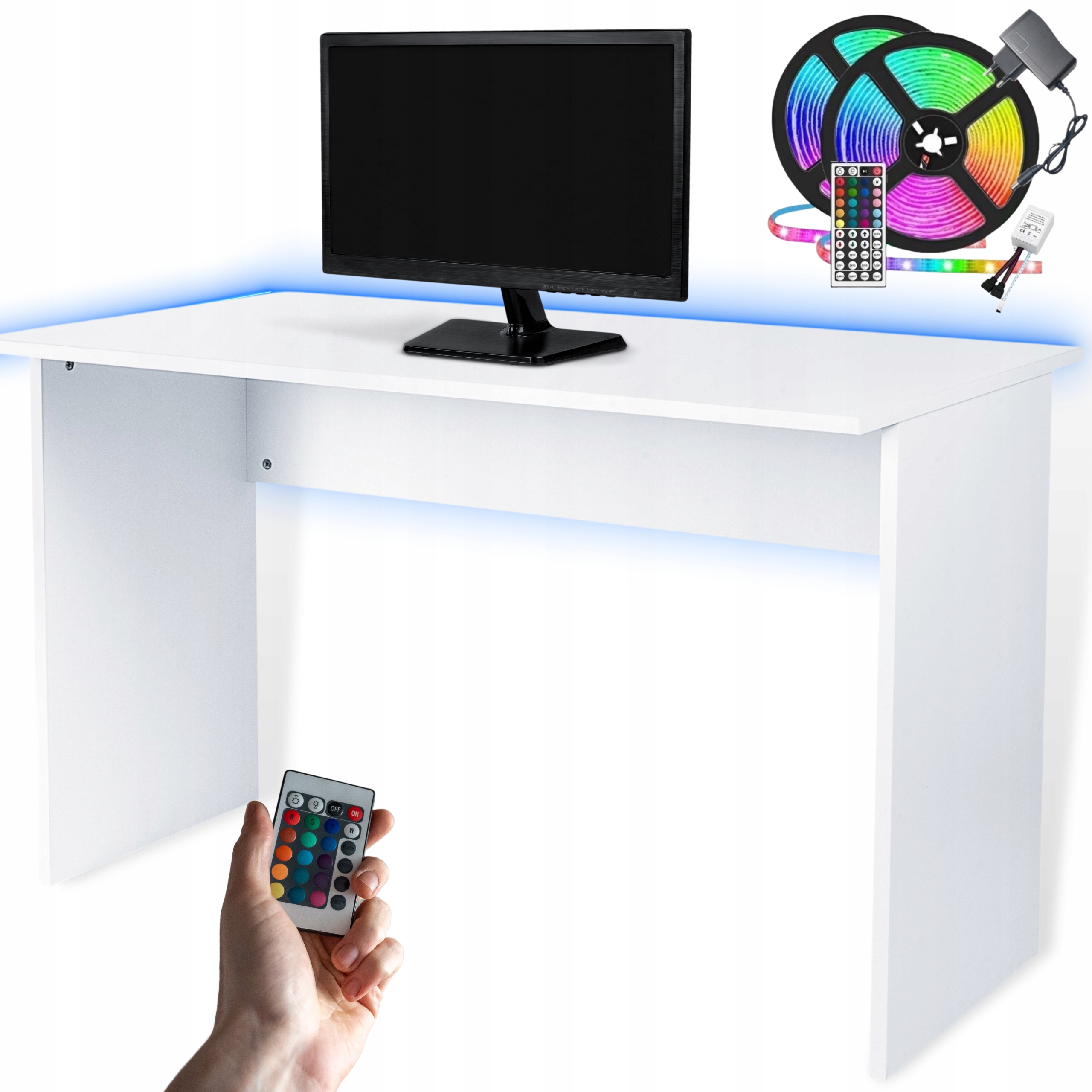 BIURKO GAMINGOWE Białe DUŻE XXL DO NAUKI + LED RGB