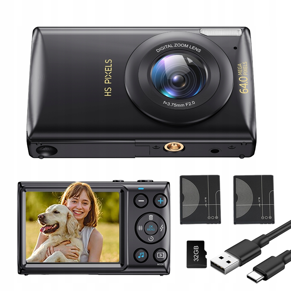 Digitální Fotoaparát Kamera Hd 1080P 64MP 32 Gb Má Funkci Nahrávání