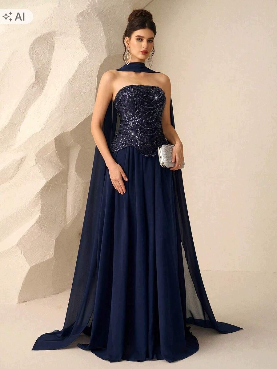 Shein Tmavě Modrá Šaty S Flitry A Pláštěm 34 1L