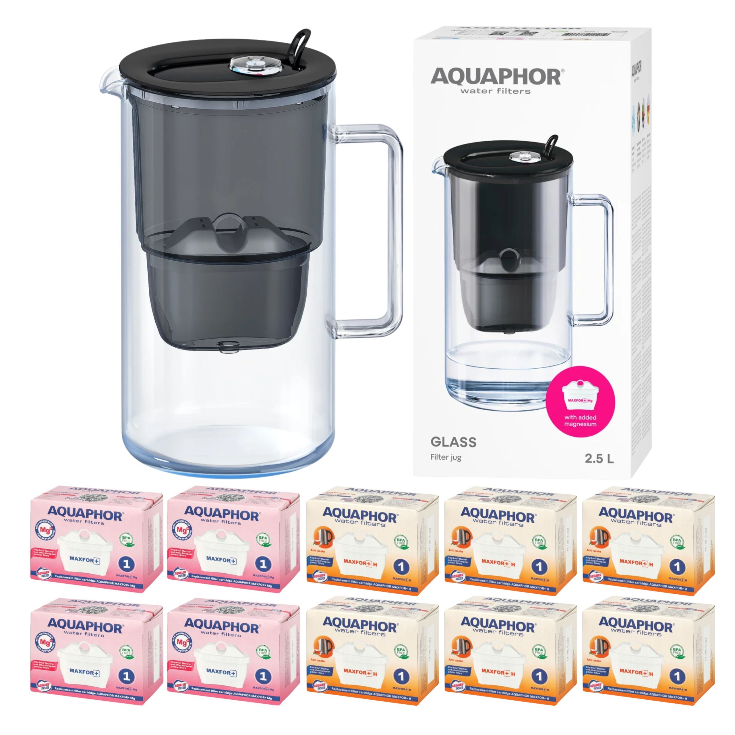 Filtrační konvice skleněná Aquaphor Glass černá 10 filtrů Maxfor (4Mg+6H)